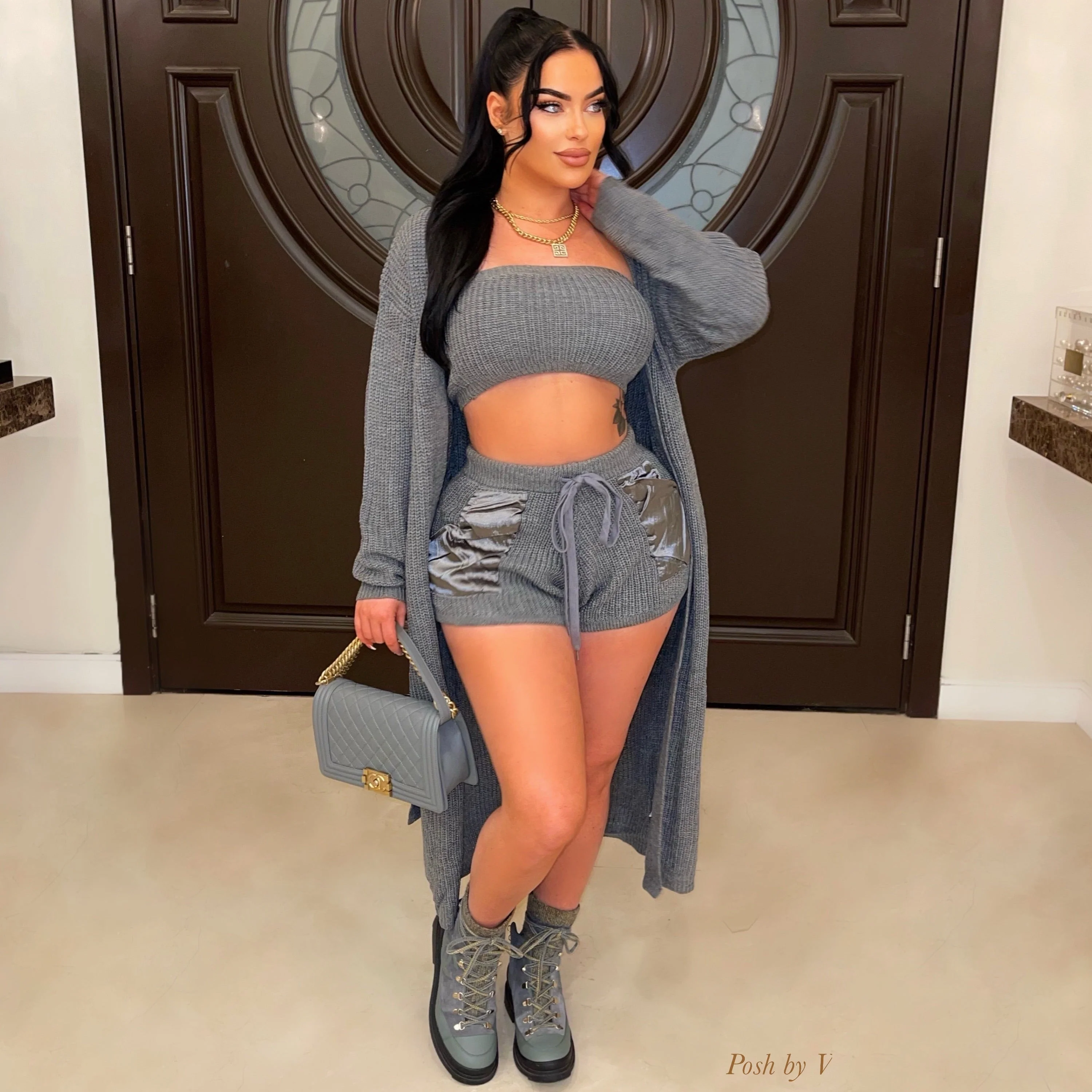 Alice 3pcs cardigan/shorts set (Charcoal)