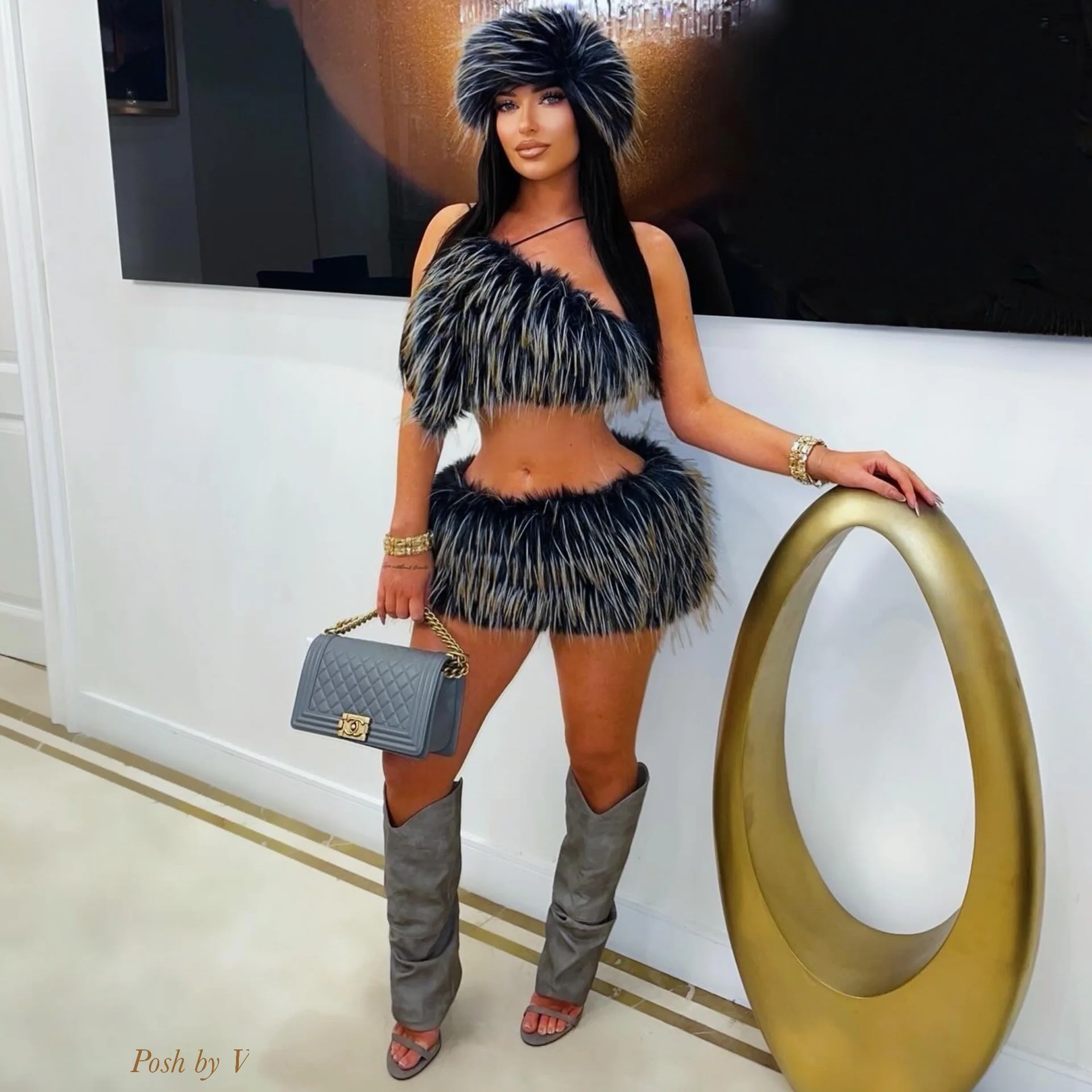 Aspen fur skirt set (Navy/grey)
