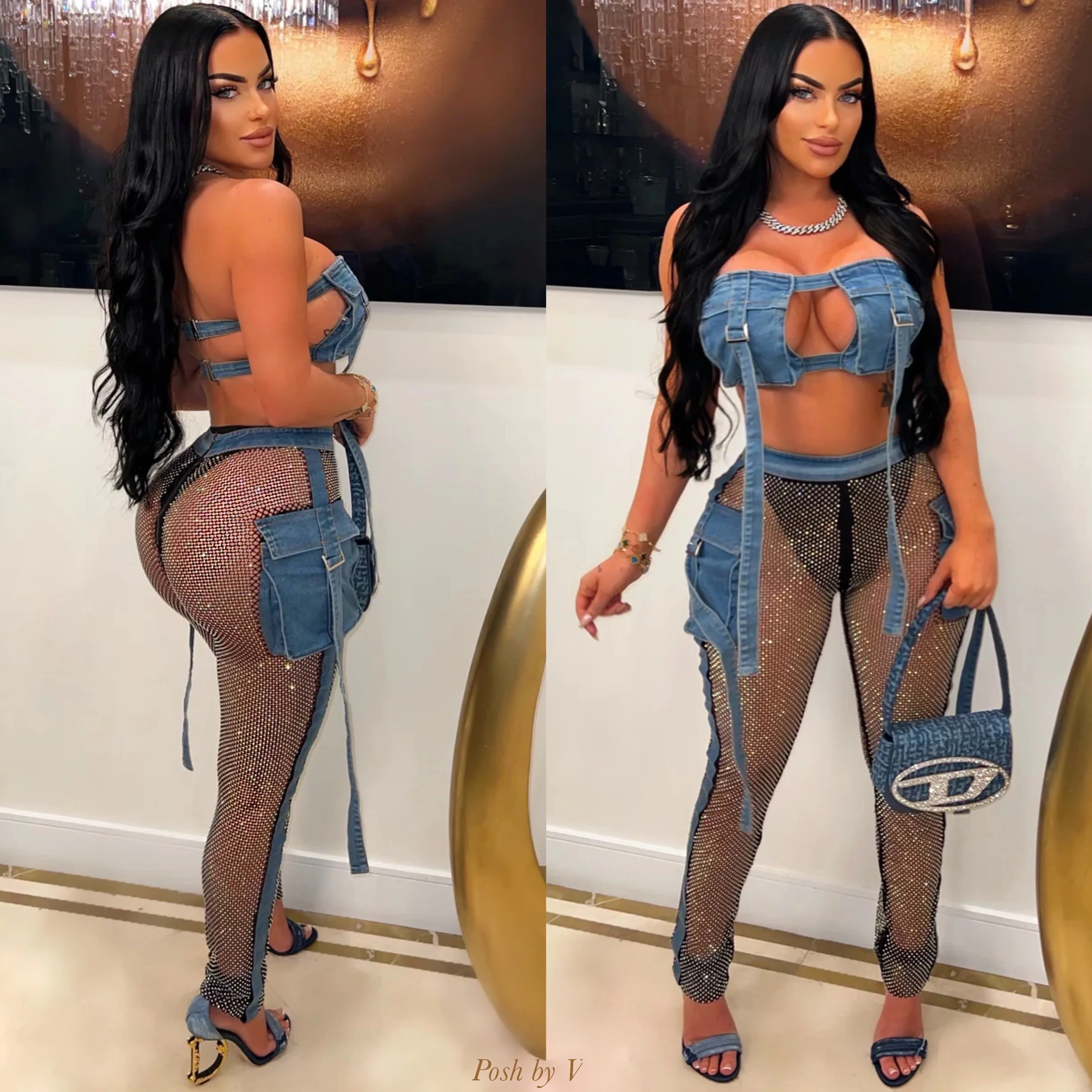 Aveli crystal denim pants set (Blue/black) - Image 2