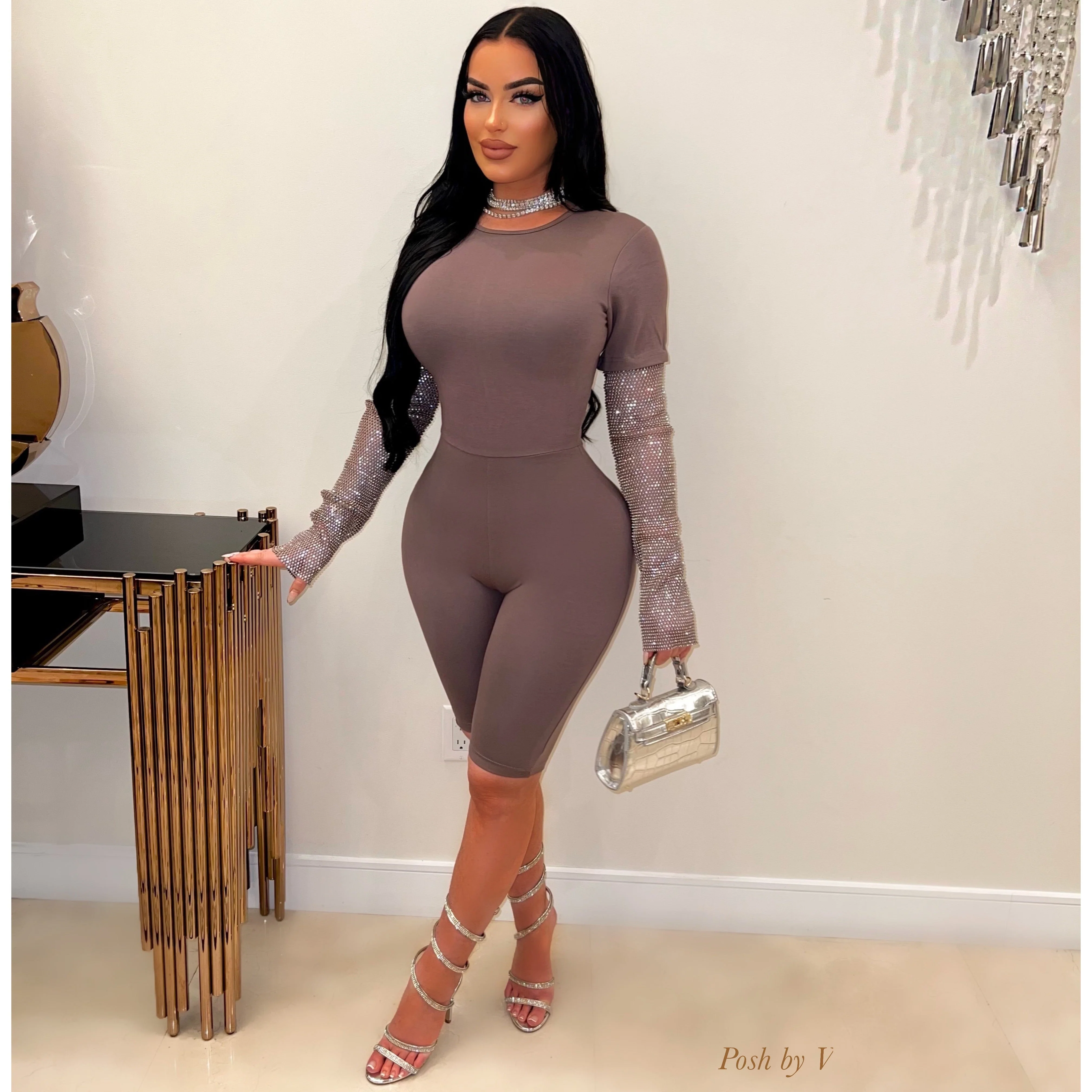 Ayla crystal sleeve romper (Green/silver) - Image 2