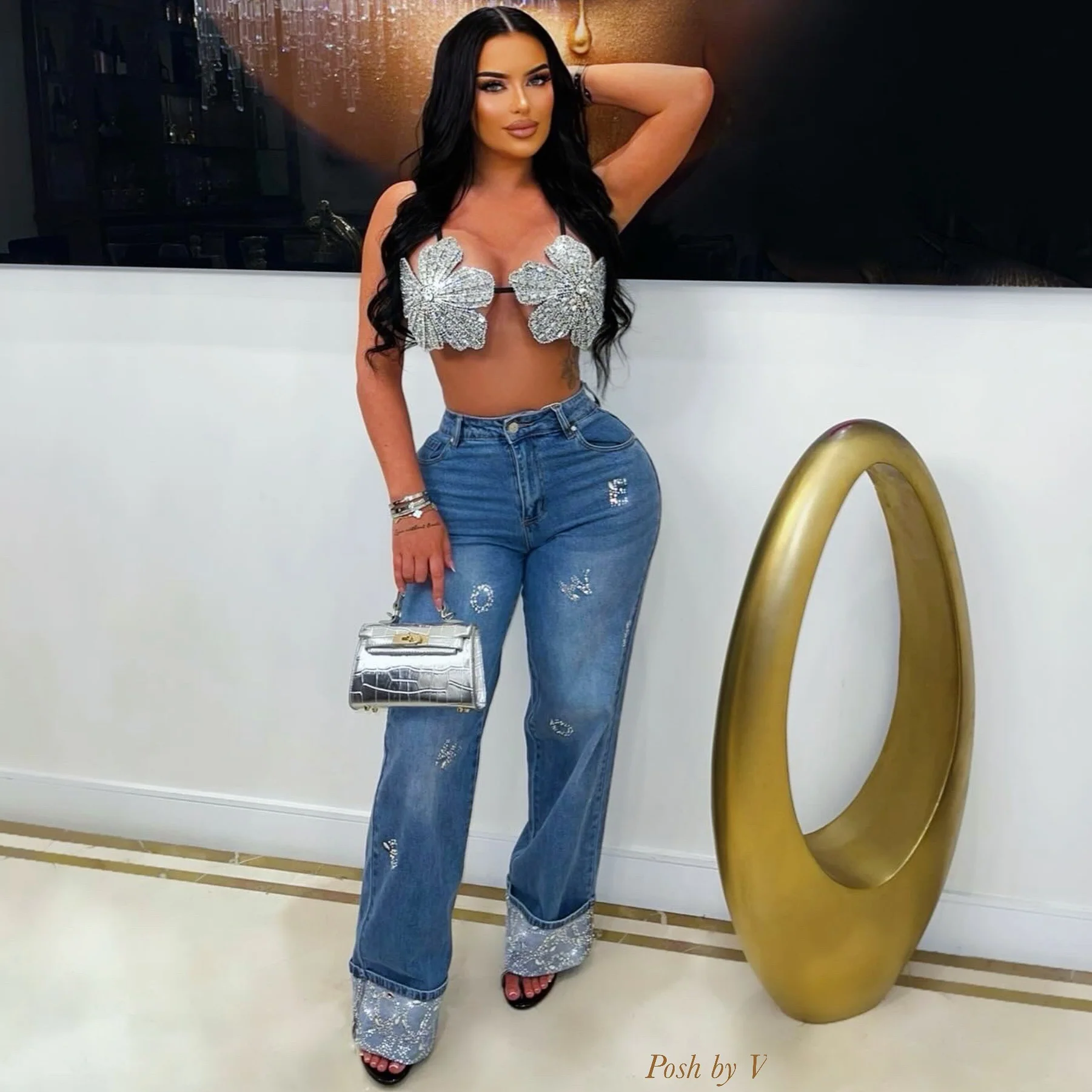 Bijou crystal cuff jeans (Blue/silver)
