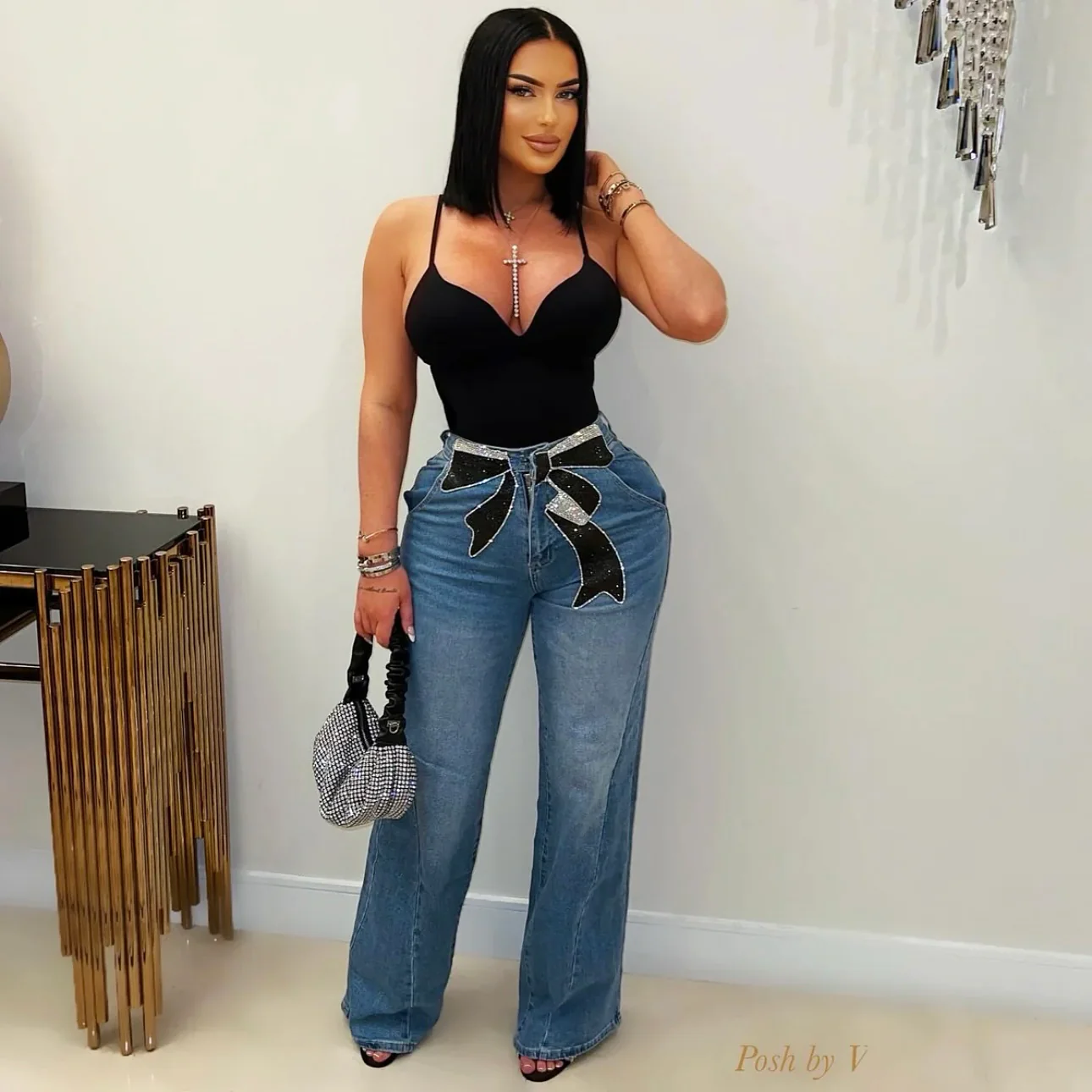 Bow crystal  jeans (Blue/black/silver)