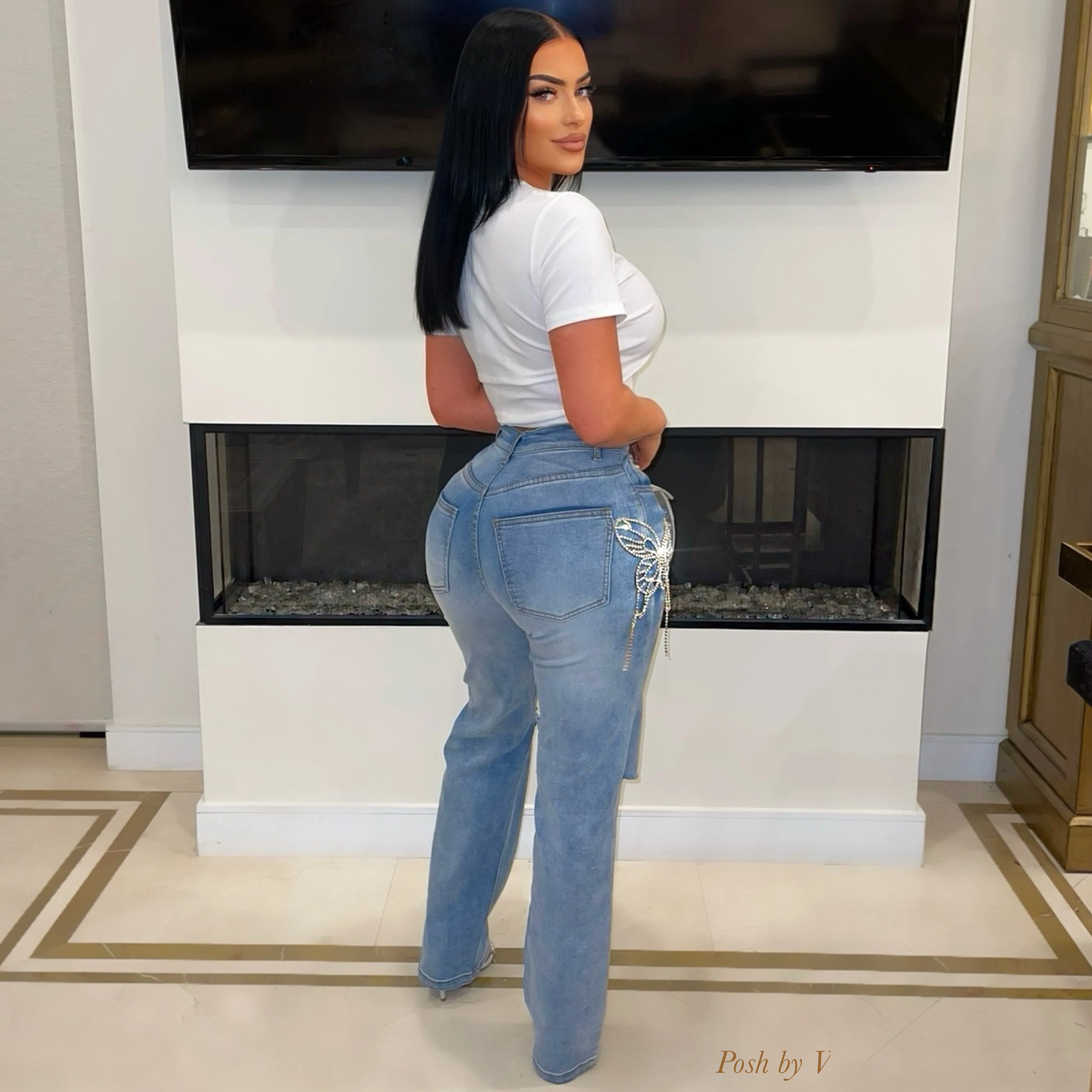 Butterfly crystal jeans (Blue/silver) - Image 3