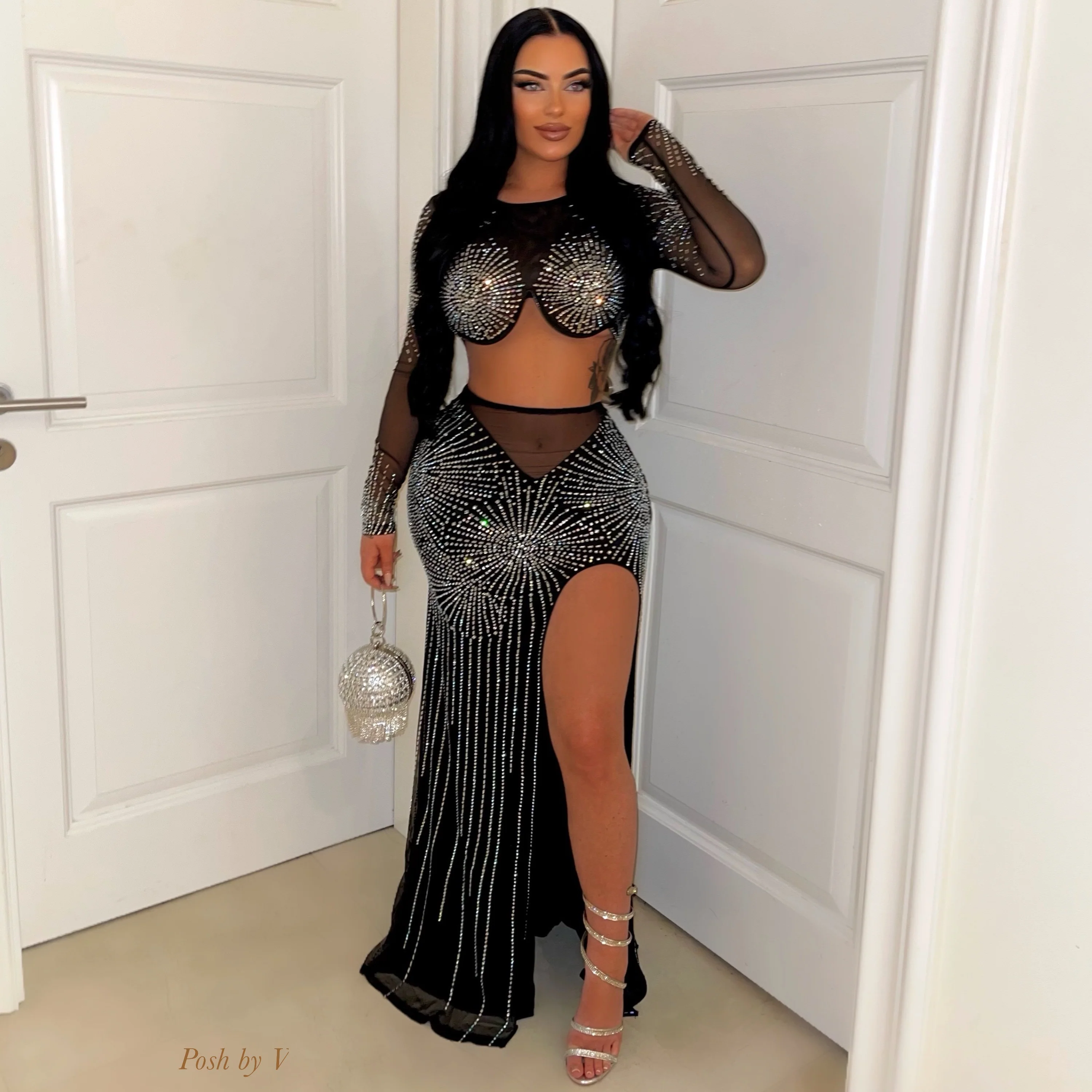 Chloe crystal glam skirt set (Black)