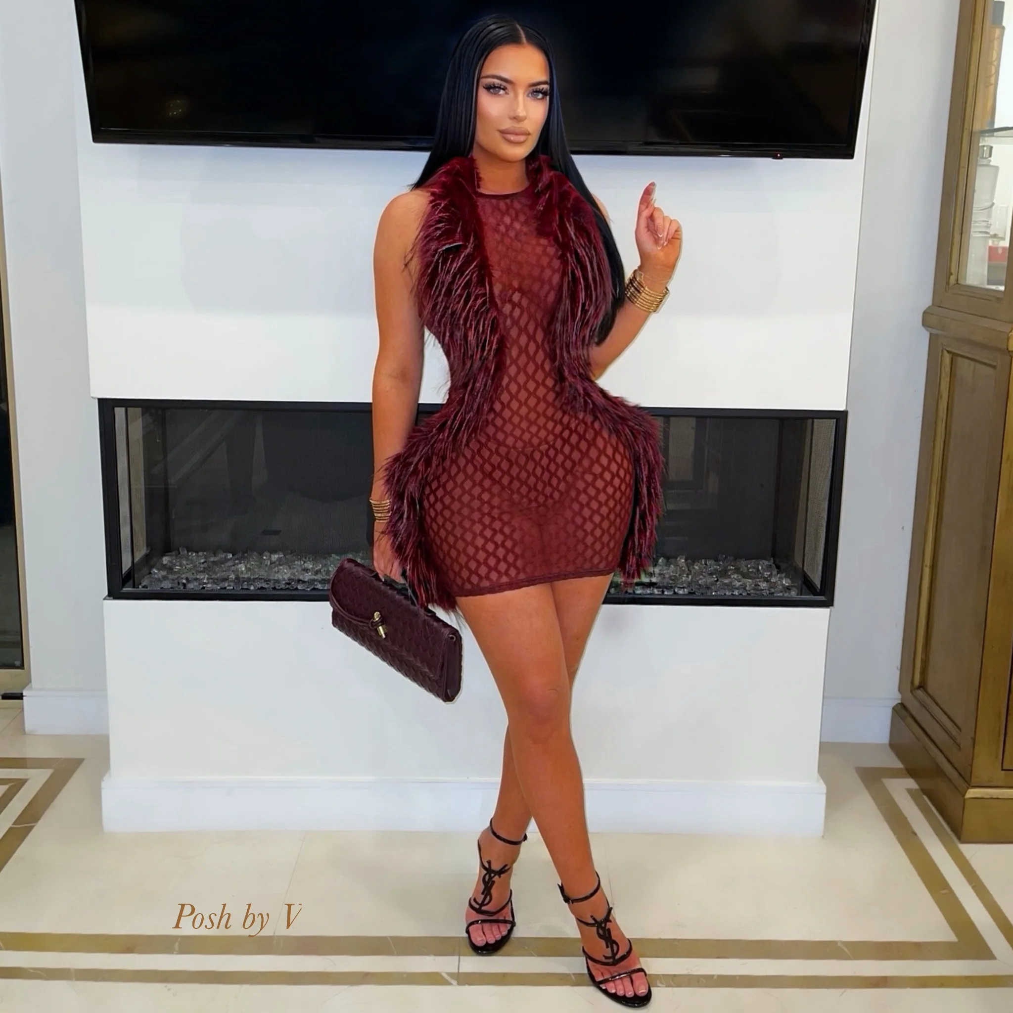 Couture fur mini dress (Burgundy) - Image 4