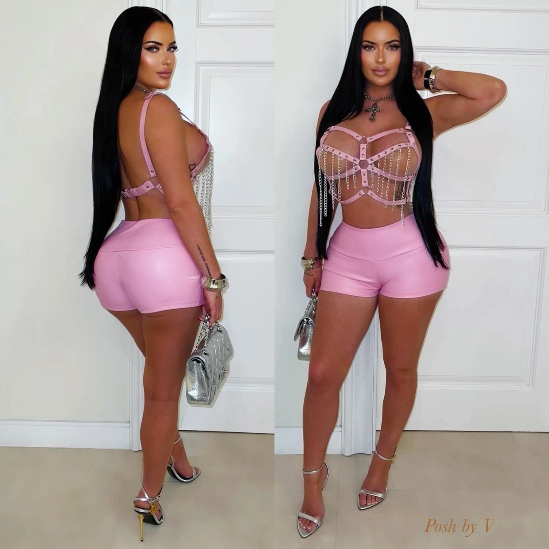Doll chain caged shorts set (Pink/silver)