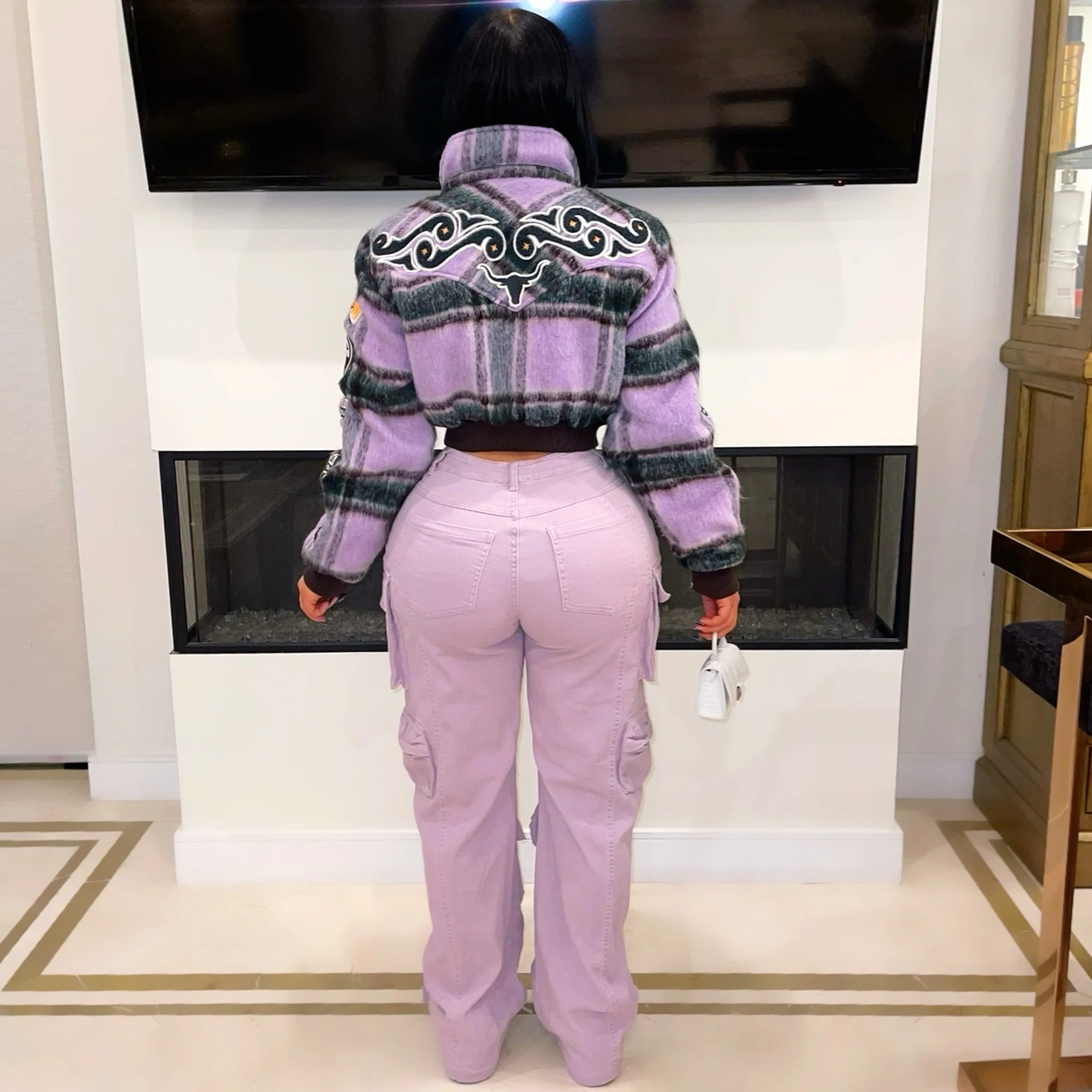 Fly fur plaid varsity jacket (Lilac/green) - Image 3