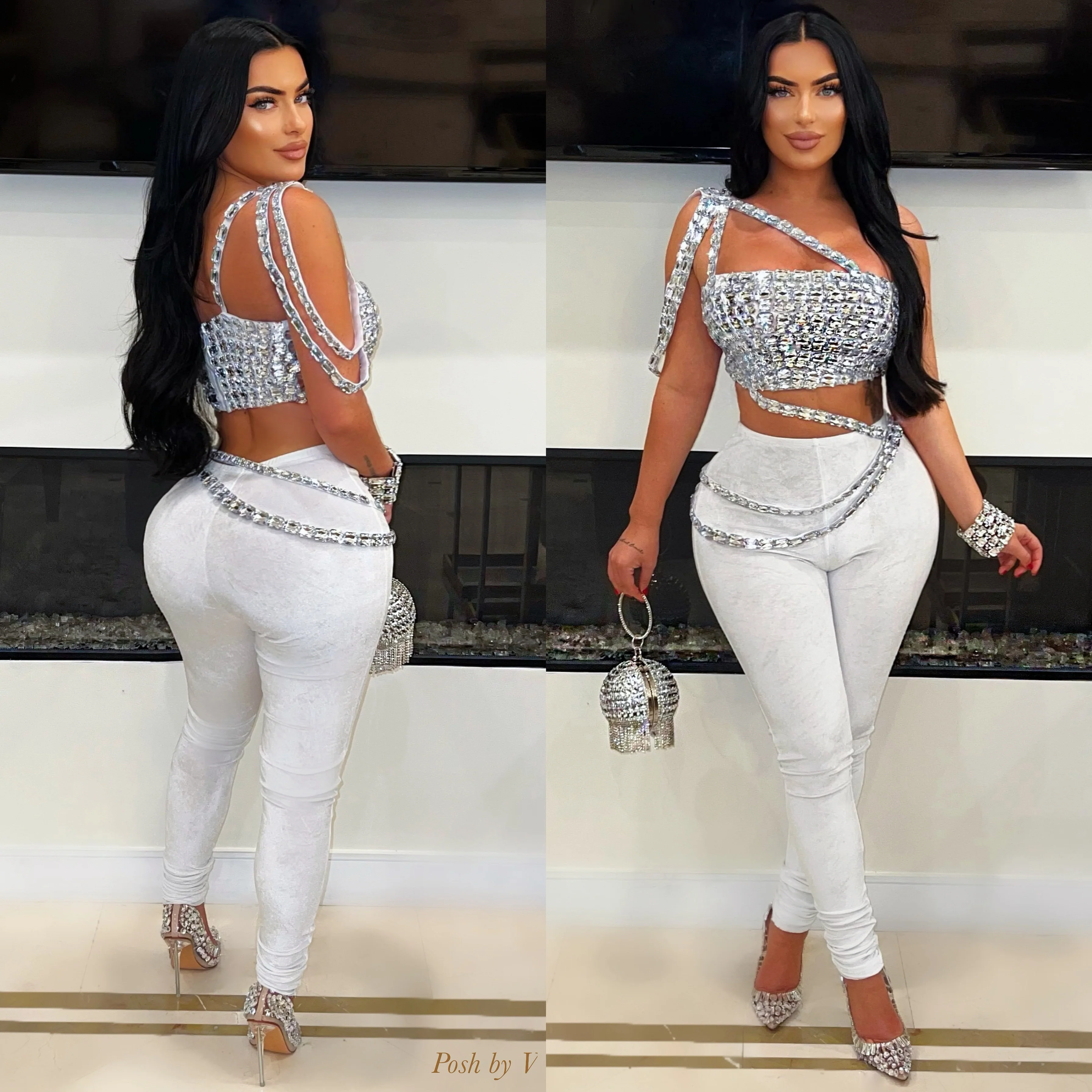 Jalei crystal pants set (White/silver)