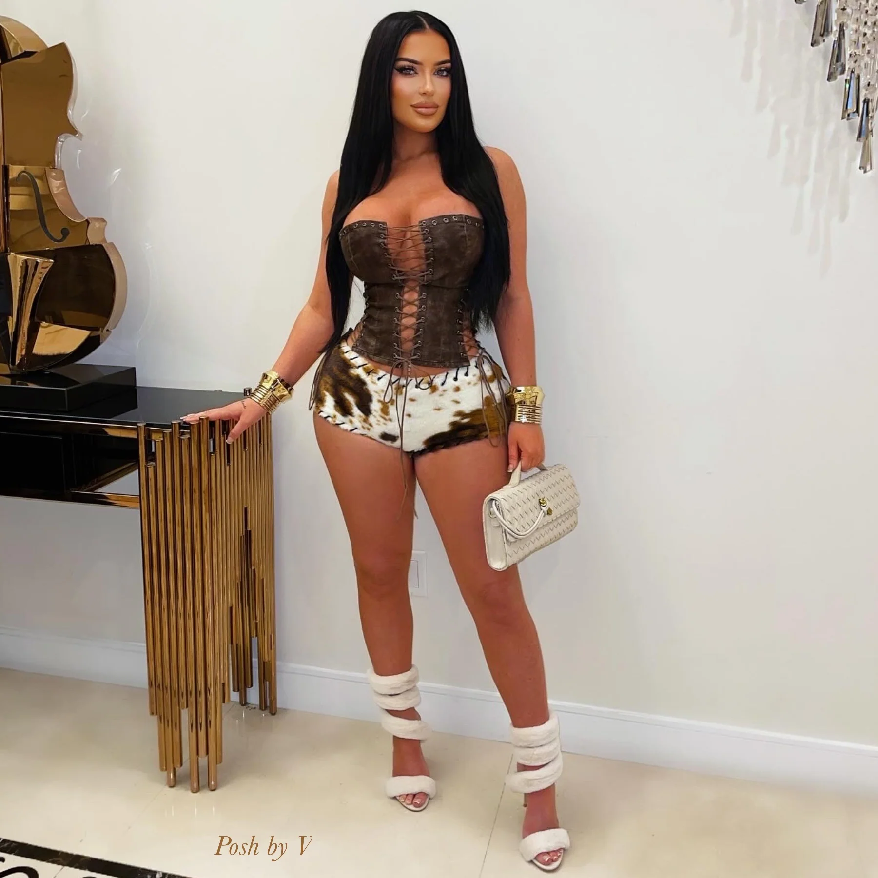 Kate fur shorts (Cream/brown) - Image 2