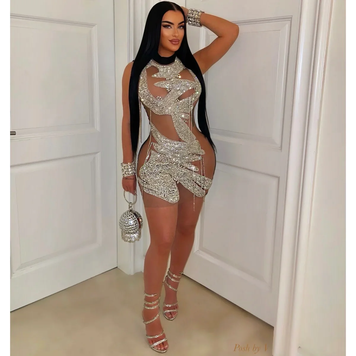 Lesque crystal glam dress (Silver/black) - Image 2