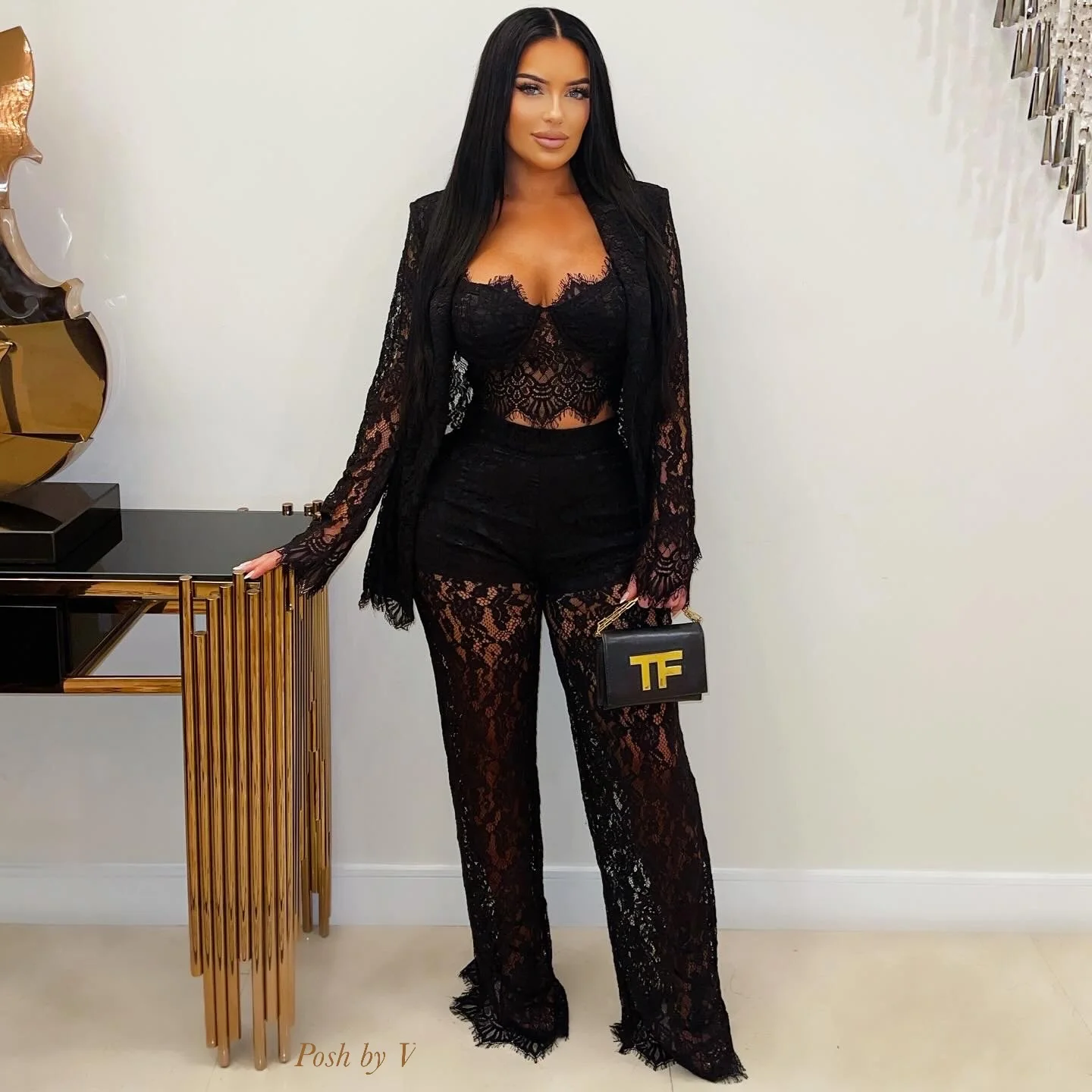 Luxe lace 3pcs jacket set (Black)