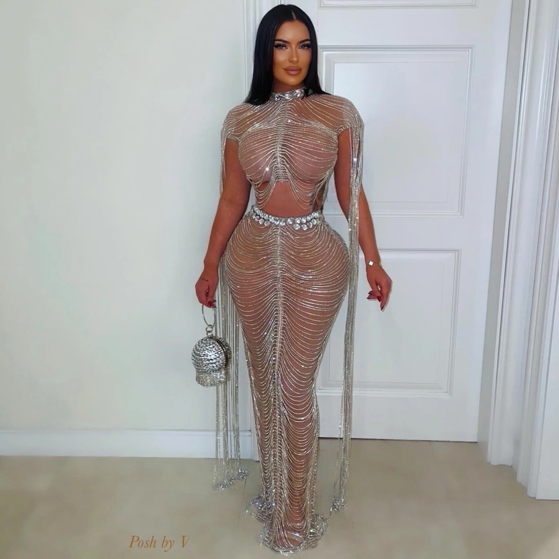 Luxure crystal chain skirt set (Nude/Silver) - Image 2
