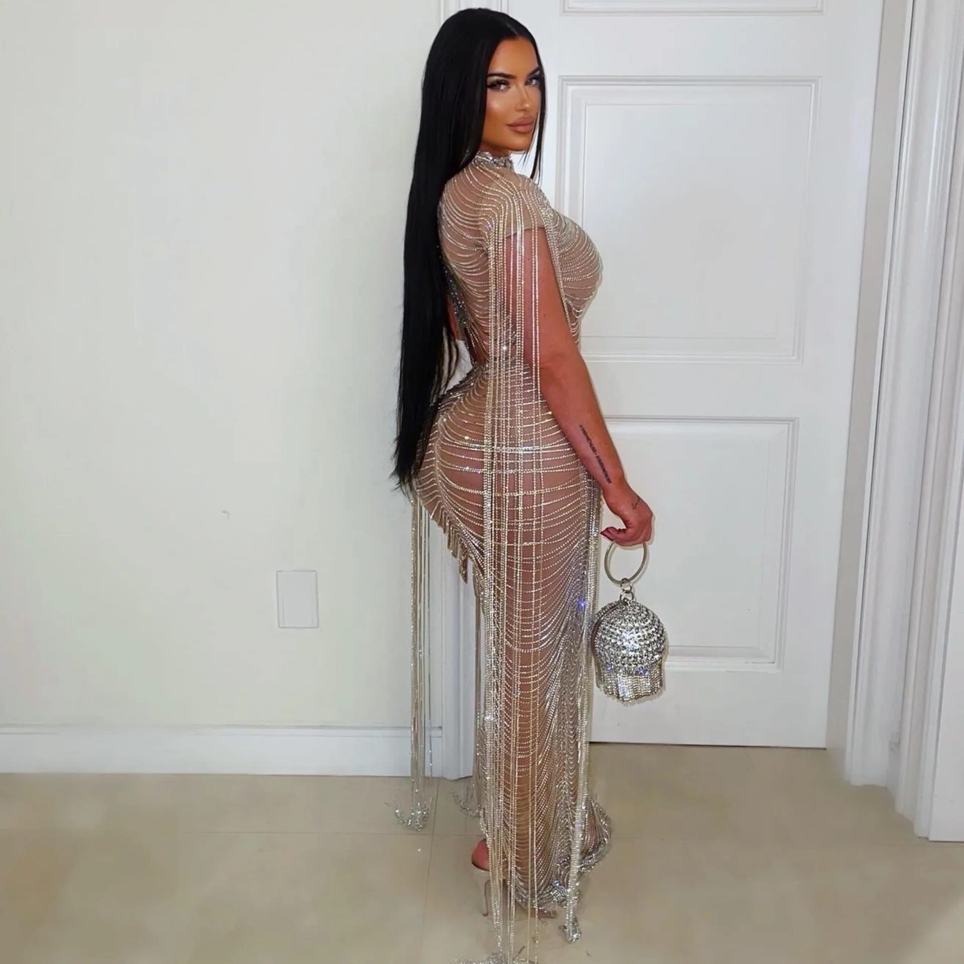 Luxure crystal chain skirt set (Nude/Silver) - Image 3