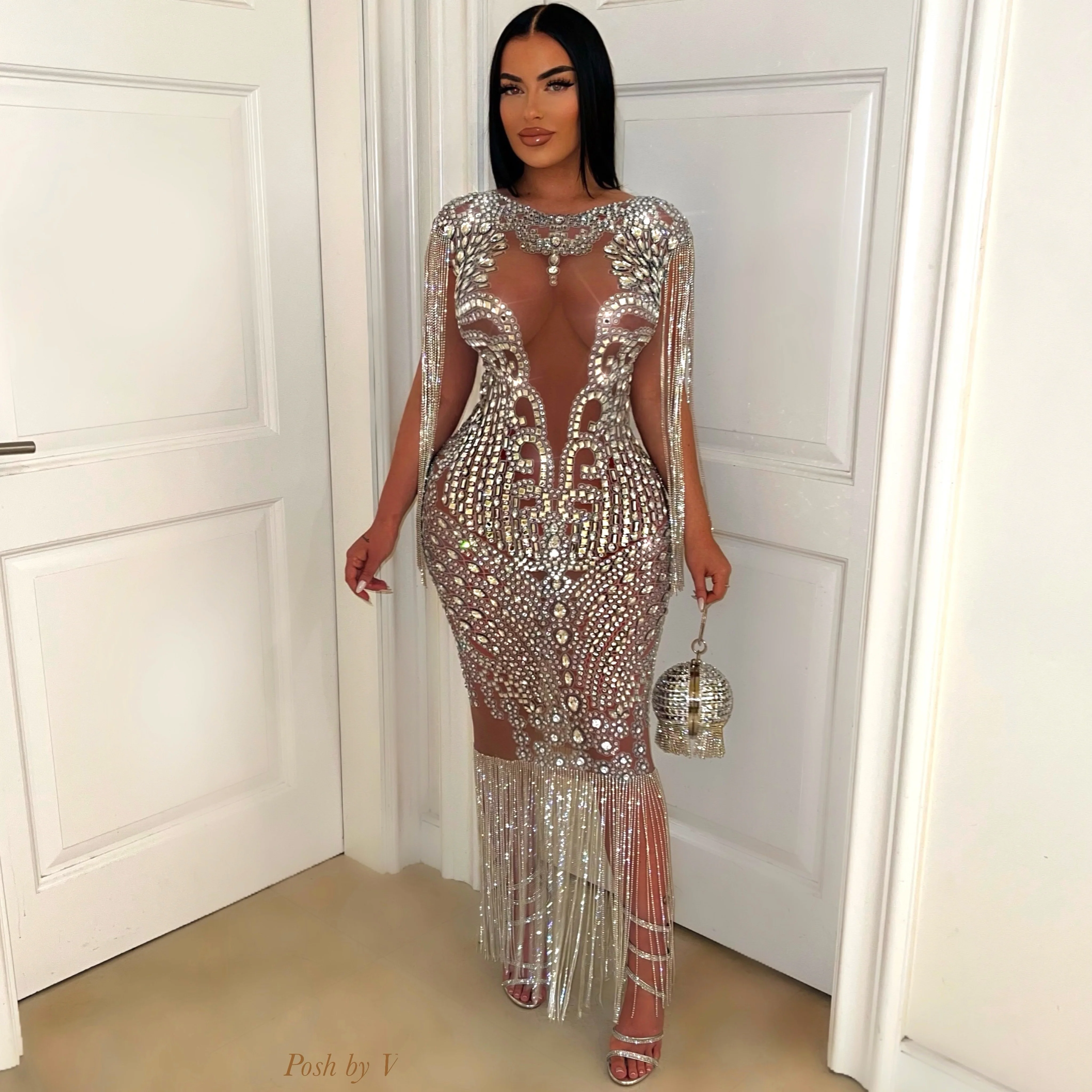 Melania crystal glam dress (Brown/silver)