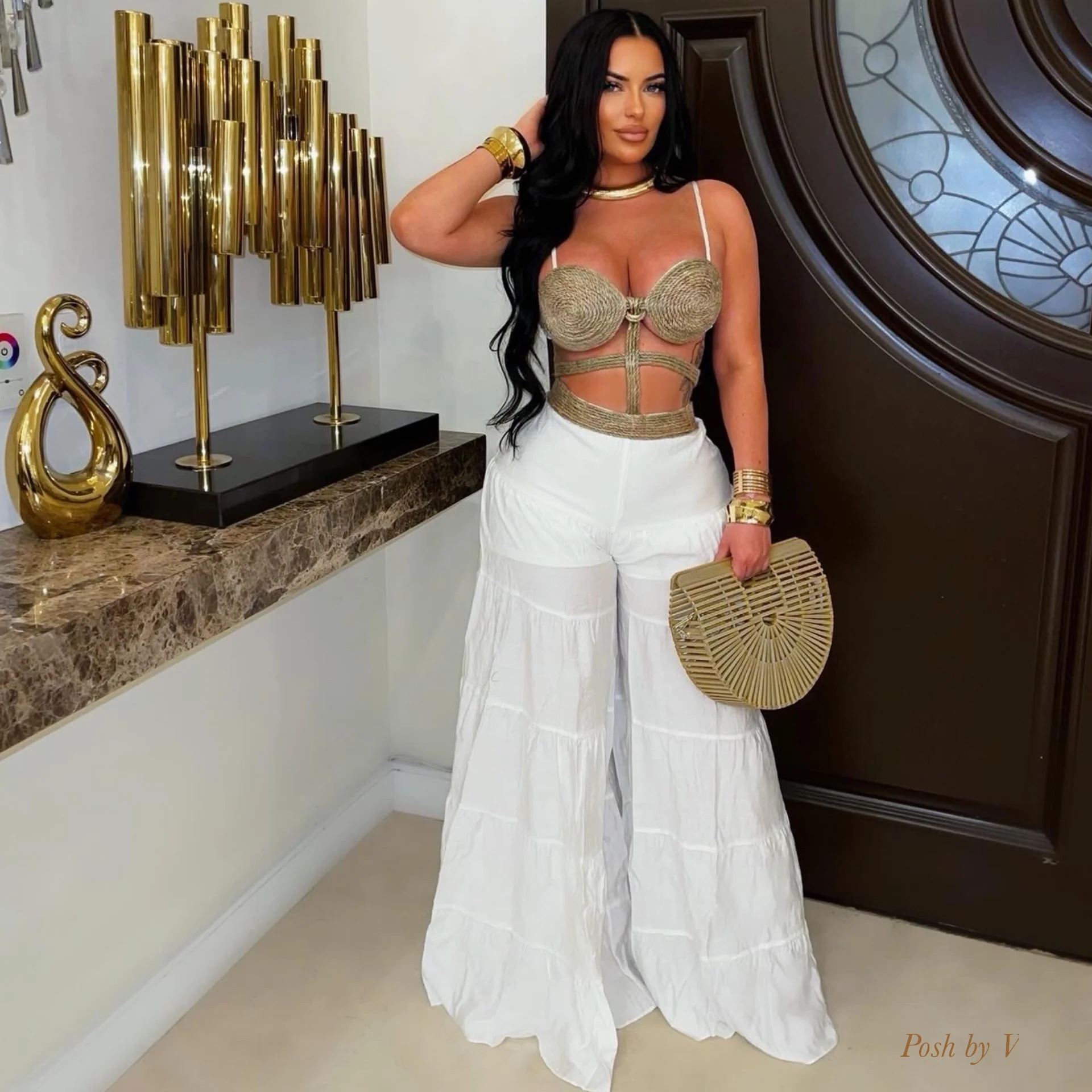 Raffia palazzo jumpsuit (Brown/white) - Image 2