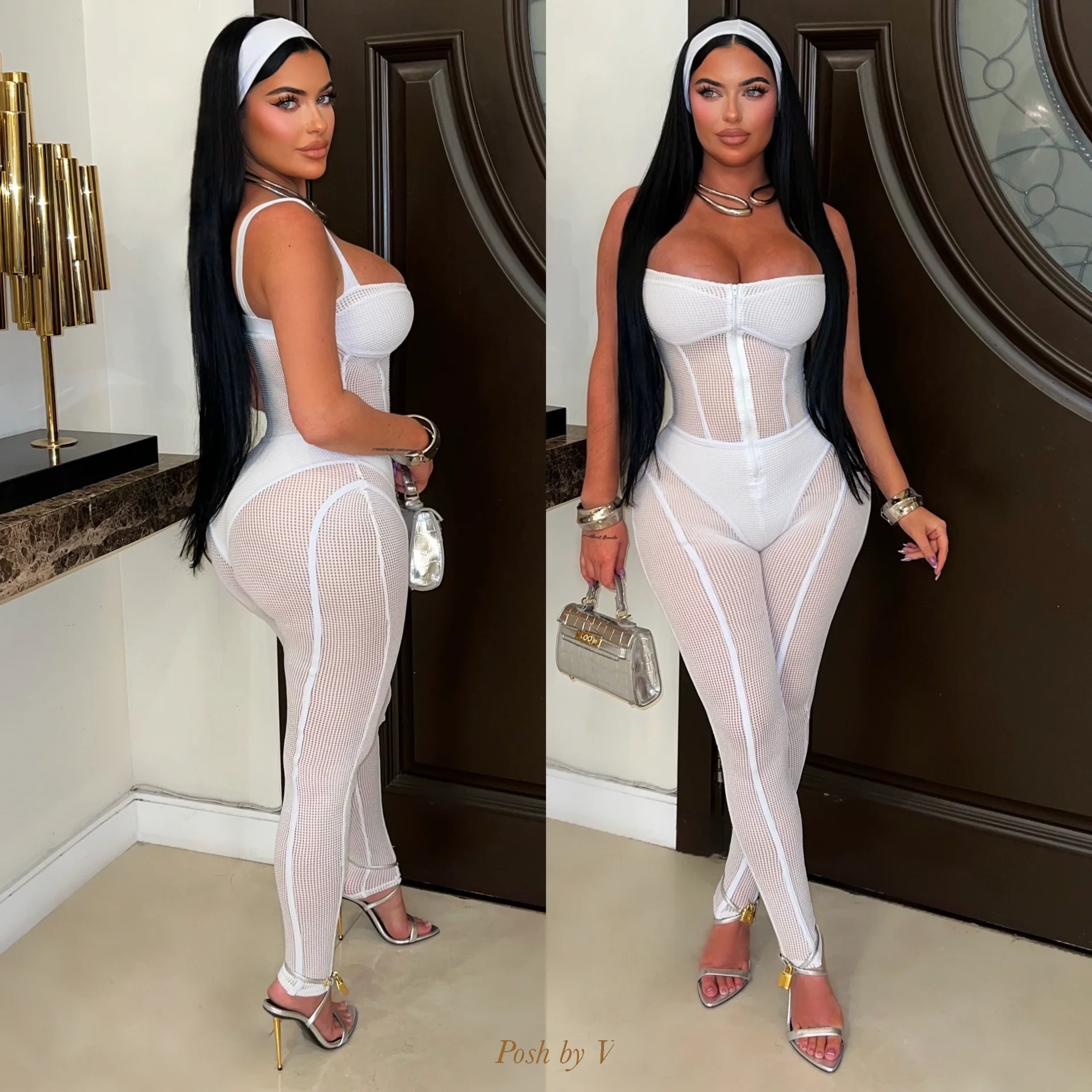 Taye caged jumpsuit w/headband (White)