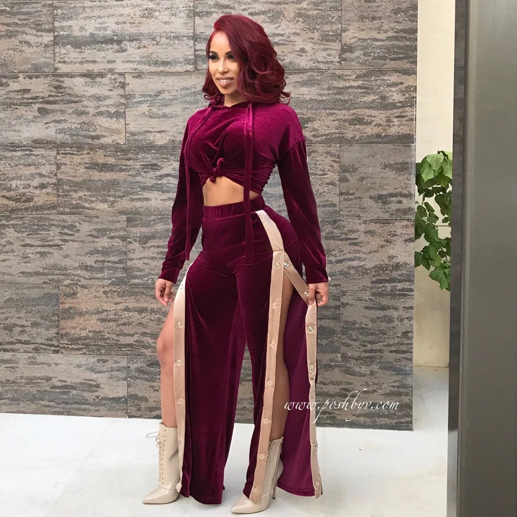 Velvet Snapped Pants Set (Wine)
