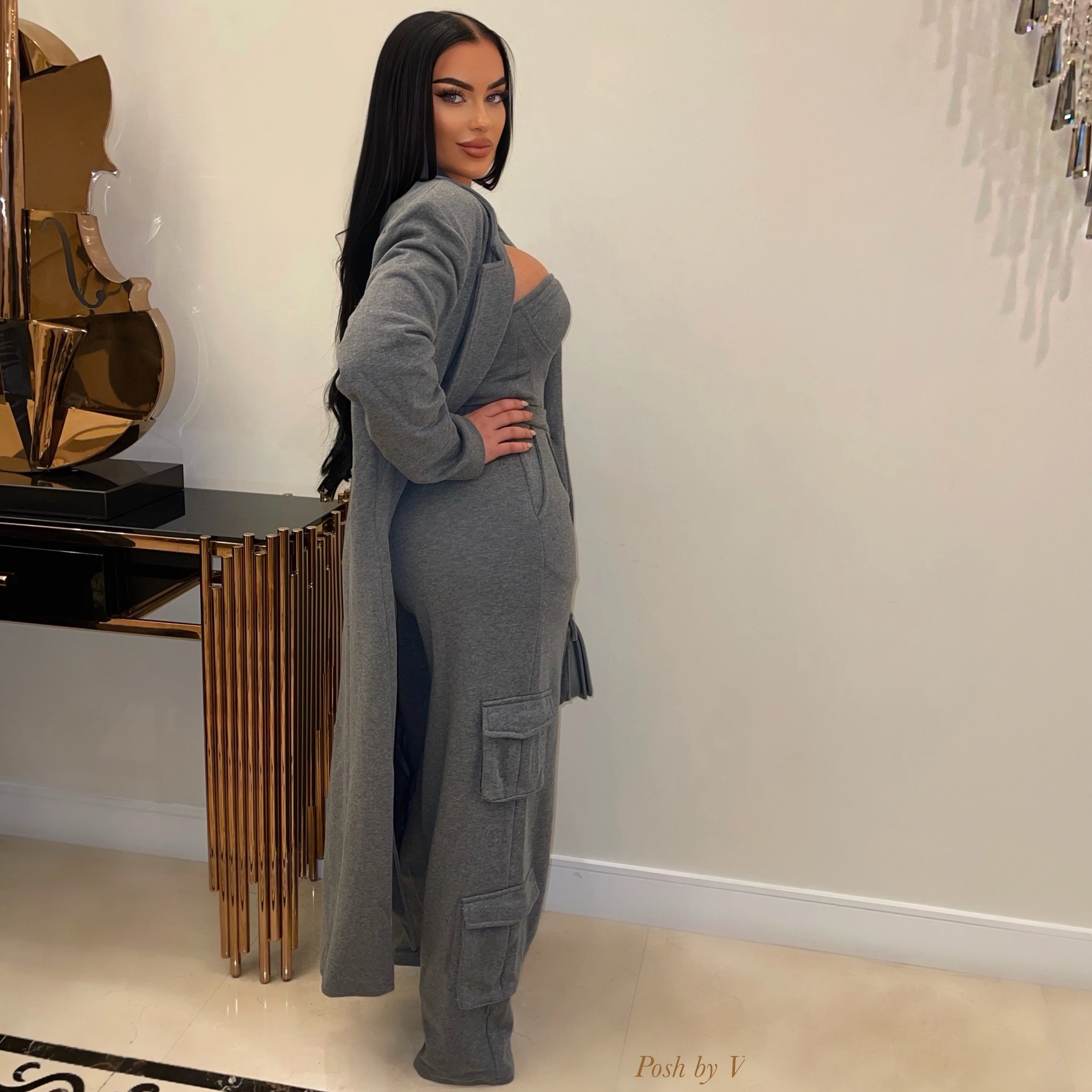 Vogue jumpsuit/trench coat set (Grey) - Image 2