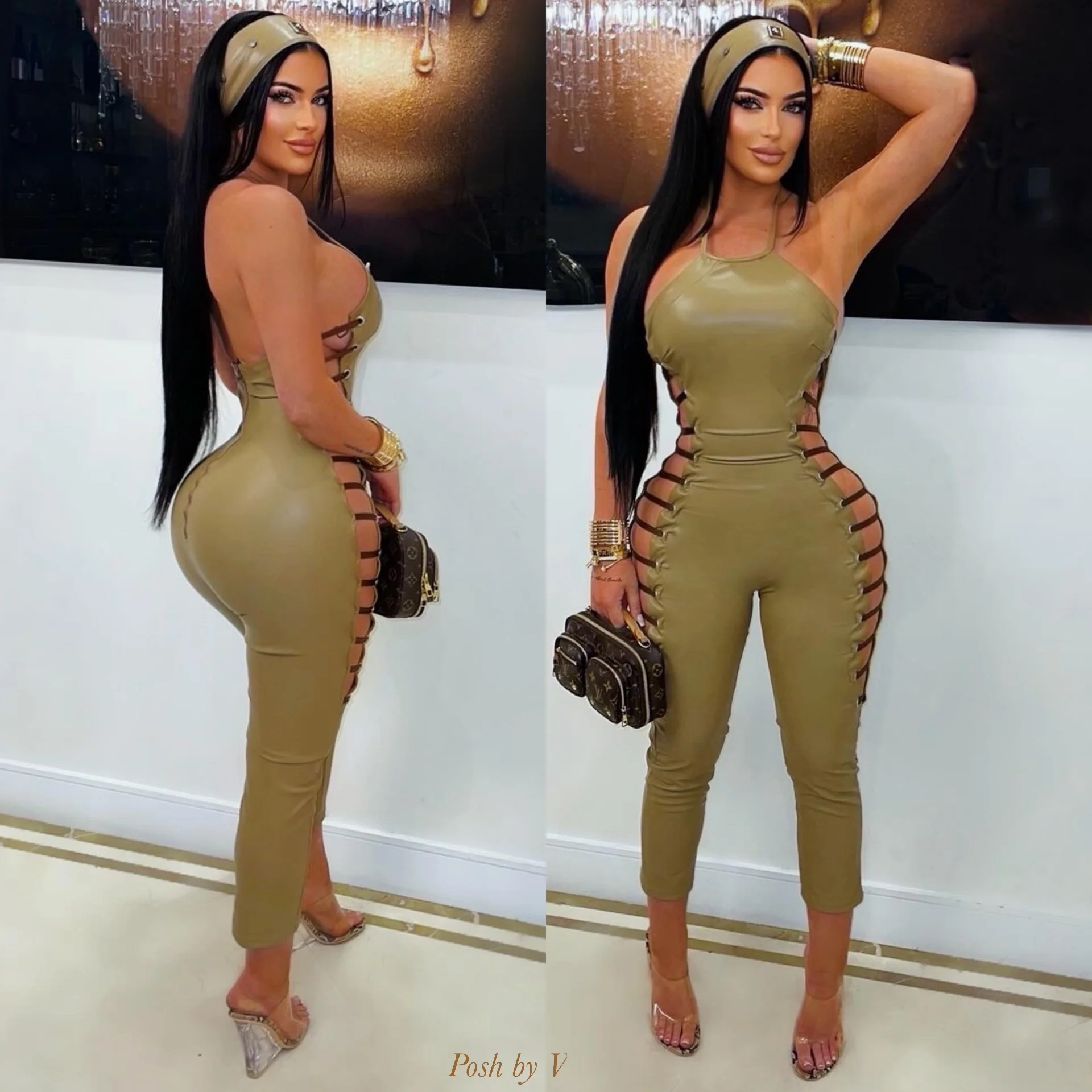 Vore caged jumpsuit w/headband (Nude/brown)